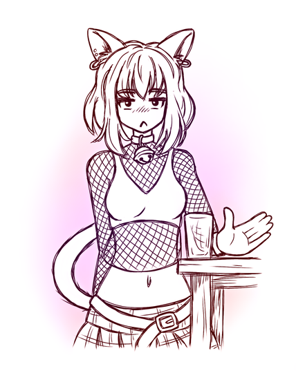 A line drawing of the catgirl, in her sorta-punk outfit of a bra, fishnet shirt, and short plaid skirt.  She's standing facing the viewer, with a table in front of her upon which is a glass.  Her hand is held open beside the glass, like she's about to grab or slap it.  She's staring forward with a bored expression on her face.