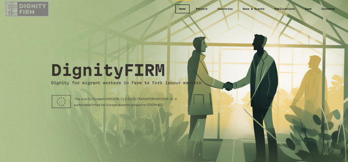 screenshot from the DignityFIRM website, showing the silouettes of two persons shaking hands against the background of a greenhouse