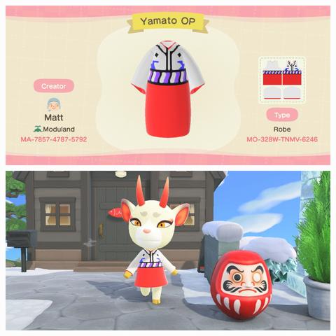 Collage of Animal Crossing: New Horizons screenshots. The upper screenshot is a custom design screen called "Yamato OP" with a design ID of Design ID MO-328W-TNMV-6246. The outfit is intended to look like the robes worn by Yamato in One Piece's Wano arc. They're red on the bottom with a purple, white, and black alternating stripes simulating a belt. The upper half is white with two black spots in the upper chest and black lines goin downward from the top to show where the two halves of the robes connect. The lower screenshot shows Shino (white deer, long red horns, yellow eyes) wearing that outfit while walking along a concrete path in a the midst of a wintery landscape.