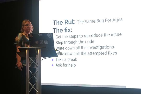 A slide from Rachel Breeze providing tips for bugs on stepping through the code, but importantly writing down what you do, attempted fixes and remembering to ask for help.