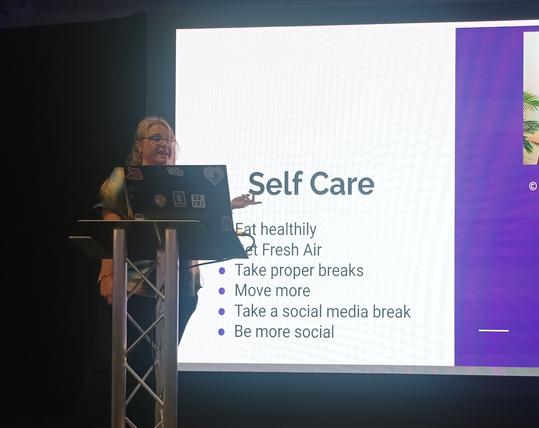 A slide from Rachel also highlighting the importance of self care, by eating healthily, taking proper breaks, and also avoiding social media when sensible.