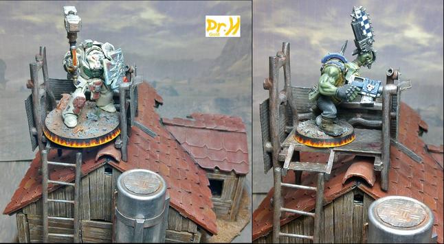 Showing how 2 miniatures fit on the rooftop lookout. 40mm base of left, 25mm base on right.