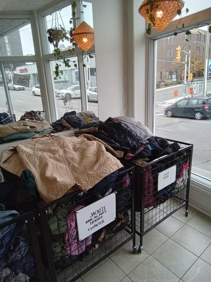 bins of warm winter jackets and vests