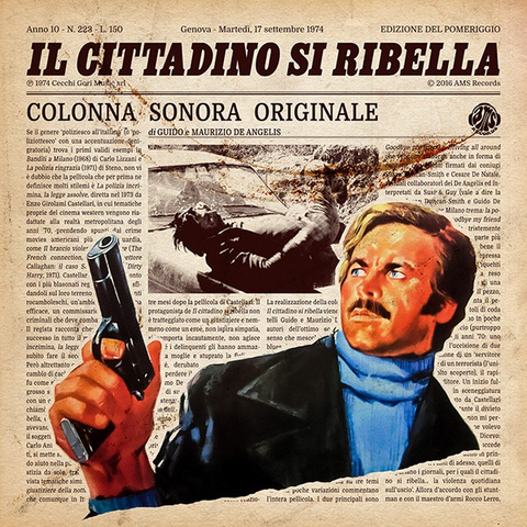 The soundtrack by the De Angelis brothers ft. a painted F. Nero holding a gun in front of a newspaper.