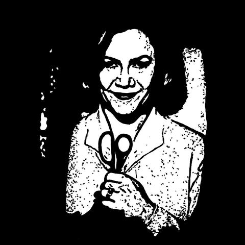 Pen drawing of Kathleen Turner smiling menacingly in a closet and holding a pair of scissors drawn on a black background.