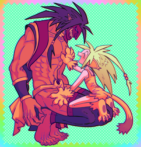 Samurai Shodown fan art. A drawing of Tam Tam and Cham Cham. Tam Tam is a muscular, very tall man with tanned skin, pointy ears, black spiky hair about shoulder length with one long bang on the right side of his face with a piece of jewelry clipped to it. His clothes are sparse, with bracers on each forearm, thigh-high leggings, large gold necklaces, gold earrings and a red mask with a large nose and pointy teeth. His robe circles his shoulders, tied with a knot that hangs loose behind him, leaving his chest exposed and his back covered, and he wears a mid-thigh length loincloth. Cham Cham is a little girl with pinkish skin and spiky long green hair with a piece of jewelry clipped to one strand. She wears clothes fashioned with the skin of a mammal, possibly a tiger: a short tub-shaped dress with a long tail, gloves made of paws, boots made of paws, and a pair of cat-like ears.

Tam Tam squats perfectly balanced on the balls of his feet, his ass not quite resting on his heels. His arms hang loose on his sides. He looks down at Cham Cham, who kneels over his large thighs, left hand on his thigh for balance, right hand patting his chest as she smiles up at him.