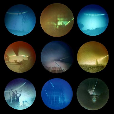 A grid of nine circular solargraphy, each showing different sun paths.