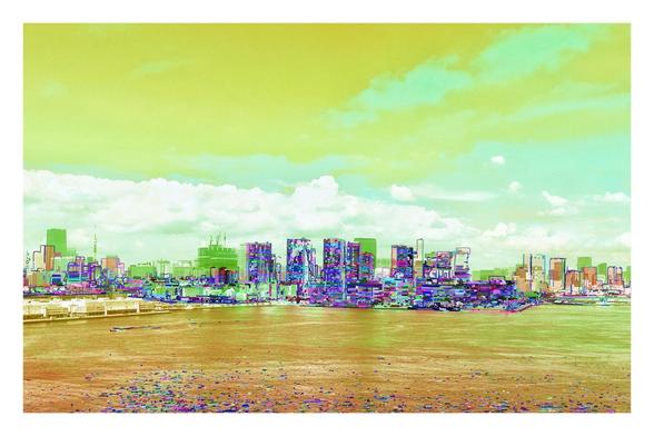 A picture taken from Rainbow Bridge of some of the bay in the foreground and the high rise construction on the embankment. I've altered the color scheme and overlaid the picture with a layer of brightly colored outlines.