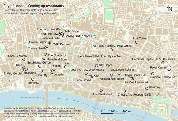 A map of City of London showing the location of restaurants with 0-2          stars for hygiene rating