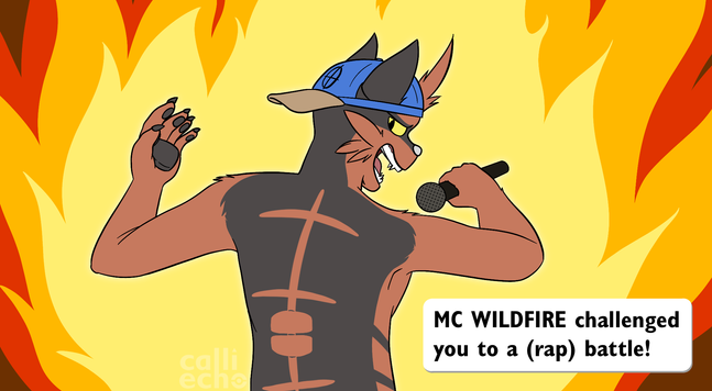 Keahi, an anthro Torracat, stands shirtless with his back to the camera. His left hand is held to the side, palm up. His right hand is holding a microphone, which he is rapping into. A textbox at the lower-right reads "MC Wildfire challenged you to a (rap) battle!"