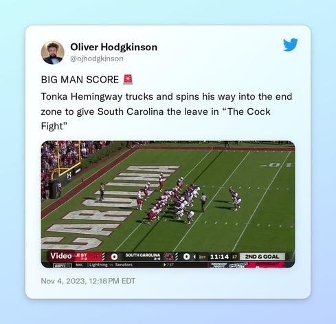 BIG MAN SCORE 🚨 

Tonka Hemingway trucks and spins his way into the end zone to give South Carolina the leave in “The Cock Fight” 

 https://t.co/Da54MruYBZ