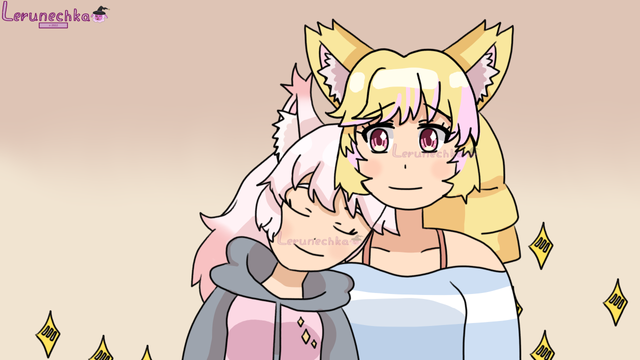 A drawing of girls with animal ears, one with pink hair, fox ears, wears a grey/pink hoodie with yellow diamonds, eyes closed. Other one with cat ears, has yellow hair, pink eyes, wears blue/white shirt.