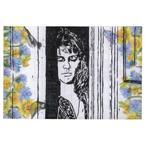 Pen drawing of a creepy girl with an expressionless face emerging from a closet drawn on a piece of floral stationery.