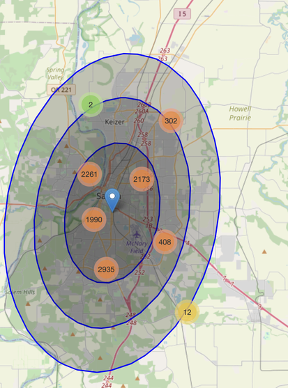 ellipses on salem oregon with centroid and clusters of manholes on a map.