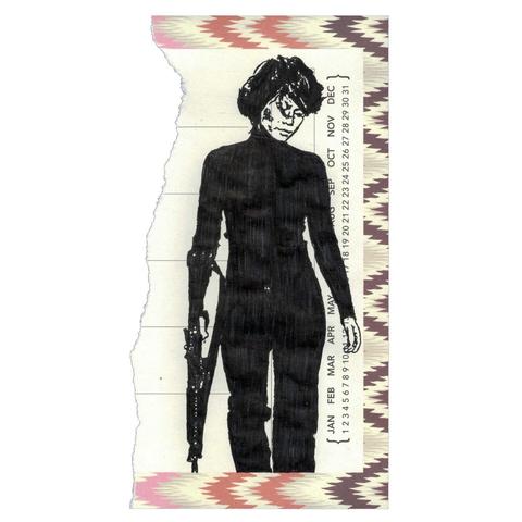Pen drawing of Lucy Liu wearing a black sweater and holding a rifle drawn on a torn weekly planner.