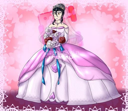 Drake Florian (my OC) in a White and Pink Wedding Gown, Holding a Bouquet of Pink and Red roses, they're nervous but happy.