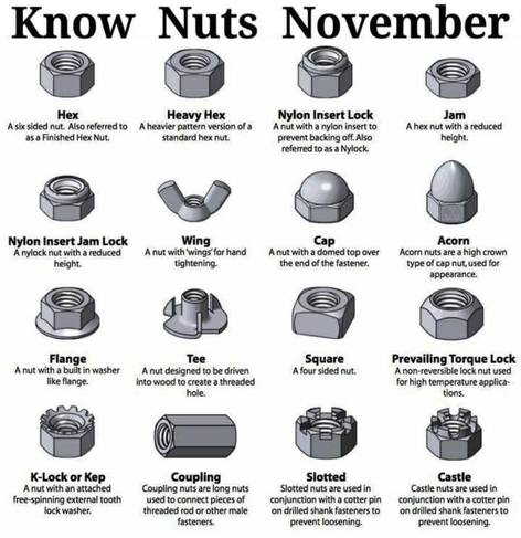 An info graphic titled "Know Nuts November" there are 16 kinds of nuts with clear illustrations of each nut and a short informative description of how it is used. 

Examples 

Nylon Insert Jam Lock: A nylock nut with a reduced height.
Hex: A six-sided nut. Also referred to as a Finished Hex Nut
Heavy Hex: A heavier pattern version of standard hex nut.
Wing: A nut with 'wings' for hand tightening.

etc.