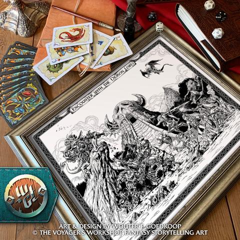 The “Encounter with the Demon Lord” printed illustration, framed and resting on a tavern table with fantasy themed cards, dice and other thematic items around it.