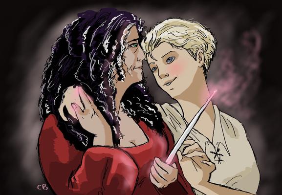 Two women (one in a red dress and holding a wand, the other in a cream pirate shirt) embrace and look at each other lovingly.