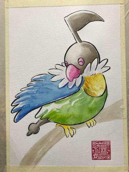 Illustration of Chatot, a colourful parrot Pokémon with crest on its head that makes it resemble a musical note. It has its head leant over its shoulder, preening itself.