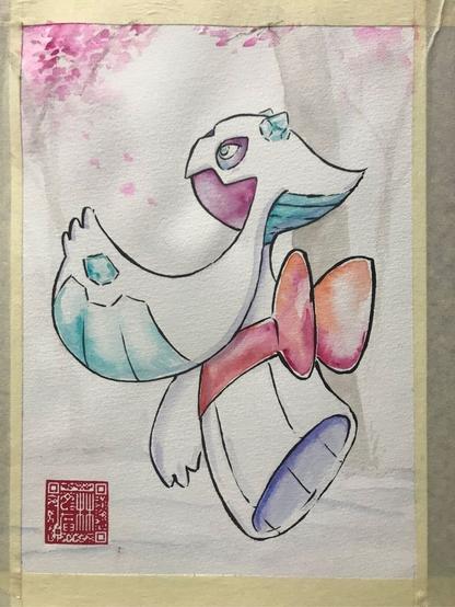 Illustration of Froslass, a ghost Pokémon that resembles a woman in a white kimono and red obi. She is reaching out to the top left of the image where pink leaves/cherry blossoms seem to be falling