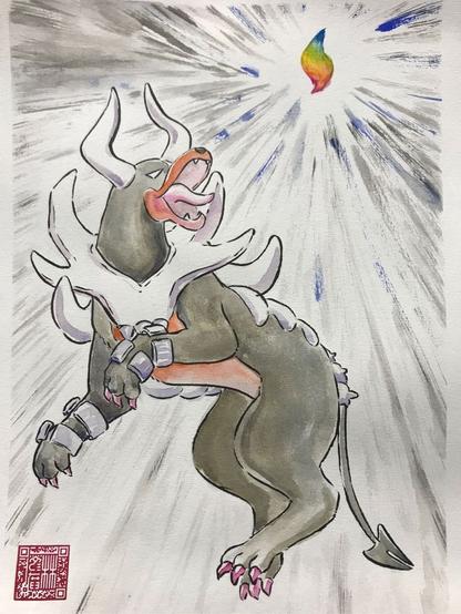 Illustration of Mega Houndoom, a dog Pokémon with devil horns and tail and bony protrusions around its shoulders and down its spine. It is jumping up towards the Mega Evolution symbol.