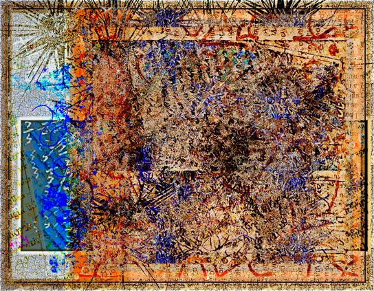 Asemic writing and text is reduced to over-lapping abstract patterns. A star-burst pattern repeats - it appears to be print-stamped over text and writing.