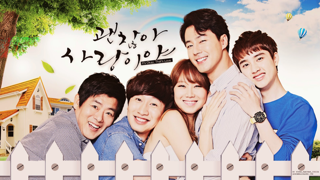 Cast of 2014 South Korean drama, "It's Okay, That's Love," standing behind a white picket fence. From left to right: Sung Dong Il, Lee Kwang Soo, Gong Hyo Jin, Zo In Sung, Doh Kyung Soo