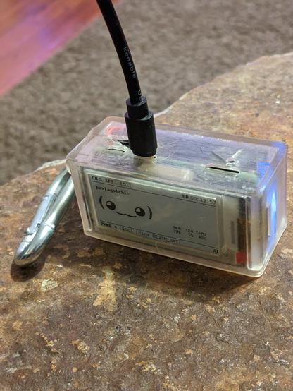 Pwnagotchi in 3d printed case, with usb cable sticking out of it, and a carabineer attached on the side loop.