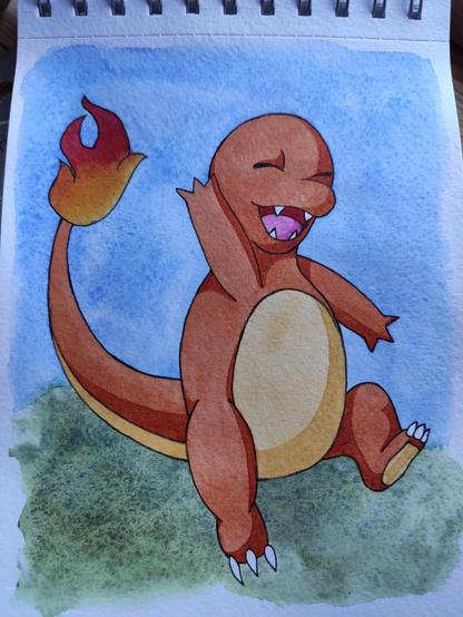 Watercolor drawing from a charmander. It jumps happily and has its eyes closed. Sky and grass are drawn loosely.