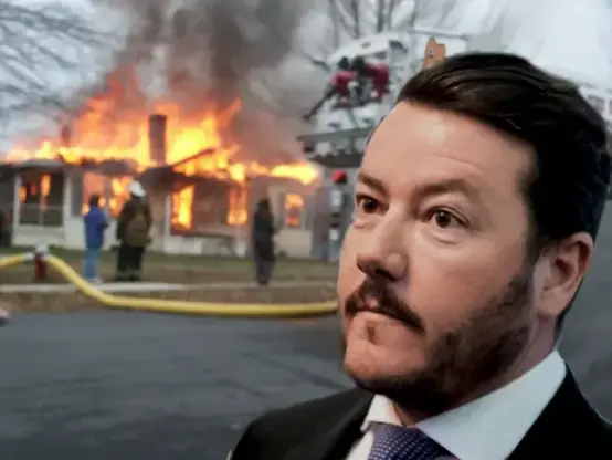 disaster girl meme shows a slightly viciously looking young girl in front of a burning house

girl is replaced with a rather dazzled realestate tycoon benko