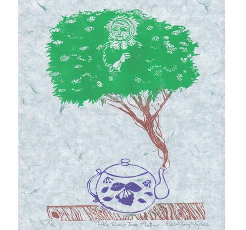 My linocut print illustrating The Little Elder Tree Mother on bluish Japanese washi paper with visible fibres. A teapot with an elderberry pattern is printed on a wooden table (in brown with the texture of wood). Out of the spout comes a whole elder tree in bloom (brown branches, green leaves, green outlined flowers) in bloom. There is a tiny old lady with a shawl in the tree, seemingly dressed in leaves and blossoms.
