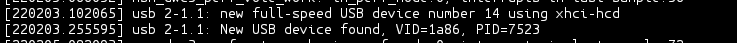 Screenshot of linux kernel log showing the usb product and vendor id