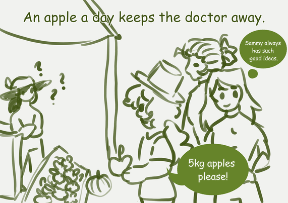 An apple a day keeps the doctor away.
(Picture of the Alpha Cru standing by a market fruit stand)
Sammy: "5kg apples please!"
Alea, thinking: "Sammy always has such good ideas."