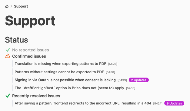 A screenshot of the support page showing a 'Status' header with 4 items under 'Confirmed issue' and 1 item under 'Recently resolved issues'