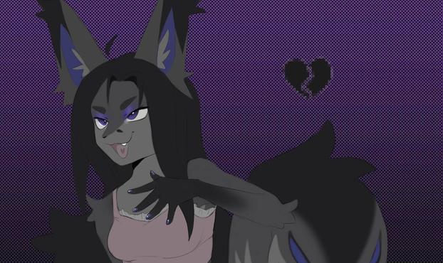 Black and gray fox with purple tones in a checker pattern black and purple background.