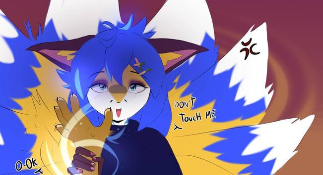 Yellow and blue kitsune grabbing the viewer's wrist and saying "don't touch me" with an almost pissed off face.