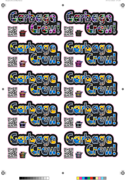 Screenshot of a sticker sheet showing eight classic Garbage Crew! and two new Bucket-Style logos. The sticker sheet contains ten sections that will be cut into pieces. Each piece will contain a different colored bucket and a QR code leading to the gemes Steam page.
