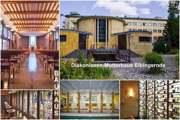 Postkarte Diakonissen-Mutterhaus Elbingerode (Bauhaus) Kirchsaal, Kirchsaaleingang, Buntglasfenster im Kirchsaal und Treppenhaus, Schwimmbad