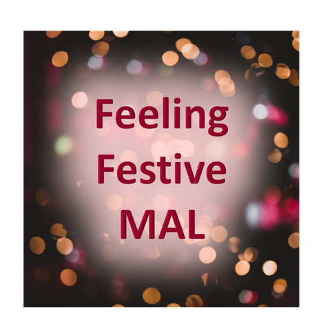 A square image of blurry fairy lights, with 'Feeling Festive MAL' written over the top in deep burgundy text; there is a light-pink haze around the text.