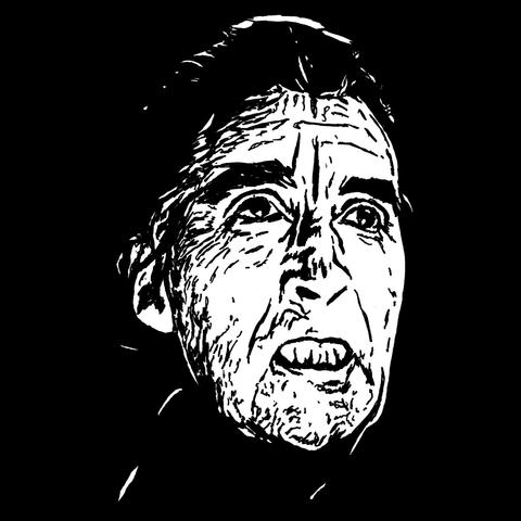 Pen drawing of Christopher Lee as a vampire sneering scarily drawn on a black background.