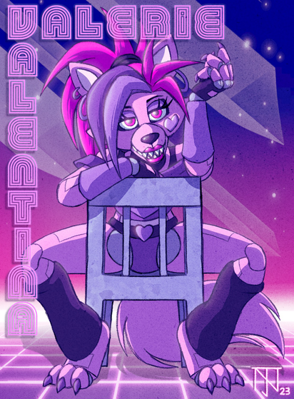 Pop Diva Valerie Valentina straddling a turned-around chair in front of a stylized starry backdrop with a sultry expression