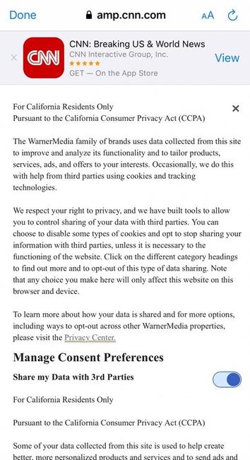 Screenshot of CNN's cookie banner. The text includes a disclosure by the "WarnerMedia family of brands" to California residents per the 2018 California Consumer Privacy Act (CCPA) and a "Manage Content Preferences" section showing a digital switch for "Share my Data with 3rd Parties" switched on.