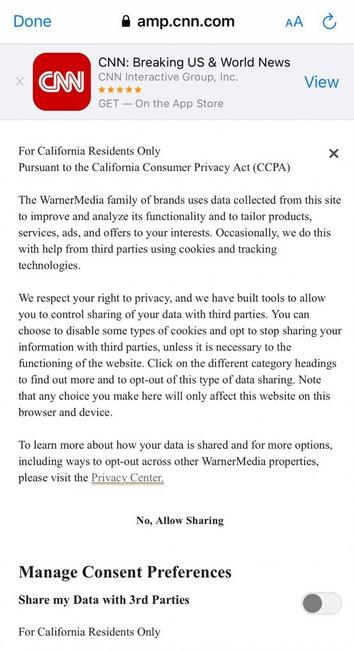 Screenshot of CNN's cookie banner. The text includes a disclosure by the "WarnerMedia family of brands" to California residents per the 2018 California Consumer Privacy Act (CCPA) and a "Manage Content Preferences" section showing a digital switch for "Share my Data with 3rd Parties" switched off. When you switch this option off, additional text is displayed above this section stating "No, Allow Sharing".
