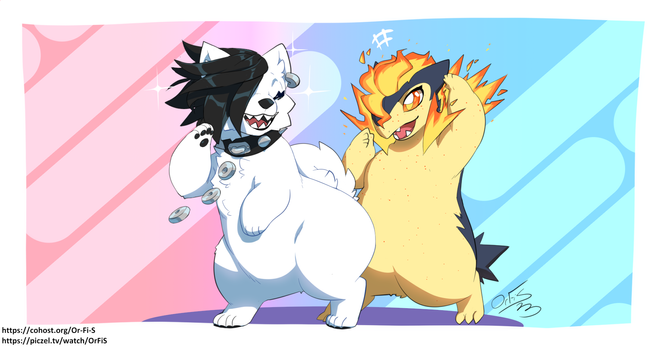 a samoyed and typhlosion dancing