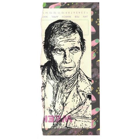 Pen drawing of Charlton Heston wearing post-apocalyptic garb with a nervous look on his face drawn on a torn weekly planner.