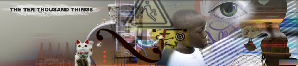 The banner from the music blog "The Ten Thousand Things" featuring a Maneki Neko, Les Paul Guitar, Caution Sign Dancing Man, a kid at a second line in New Orleans, and more...