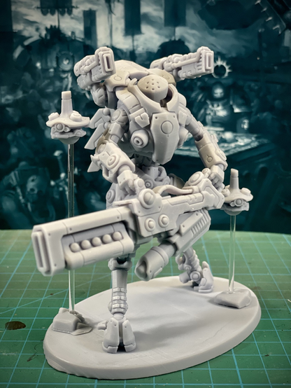 Large mech with two drones hovering nearby.