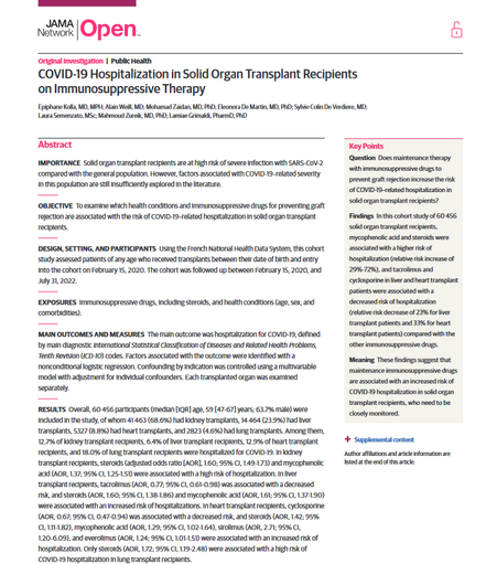Les résultats d'une étude collaborative AP-HP EPI-PHARE et Inserm sur les risques d’hospitalisation pour #COVID19 chez les receveurs de greffes d'organes solides sous traitement immunosuppresseur a été publiée dans la revue JAMA Network Open