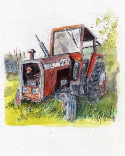 Zeichnung eines roten Massey Ferguson Traktors in einer Wiese. Auspuff kommt schräg aus dem Hube.